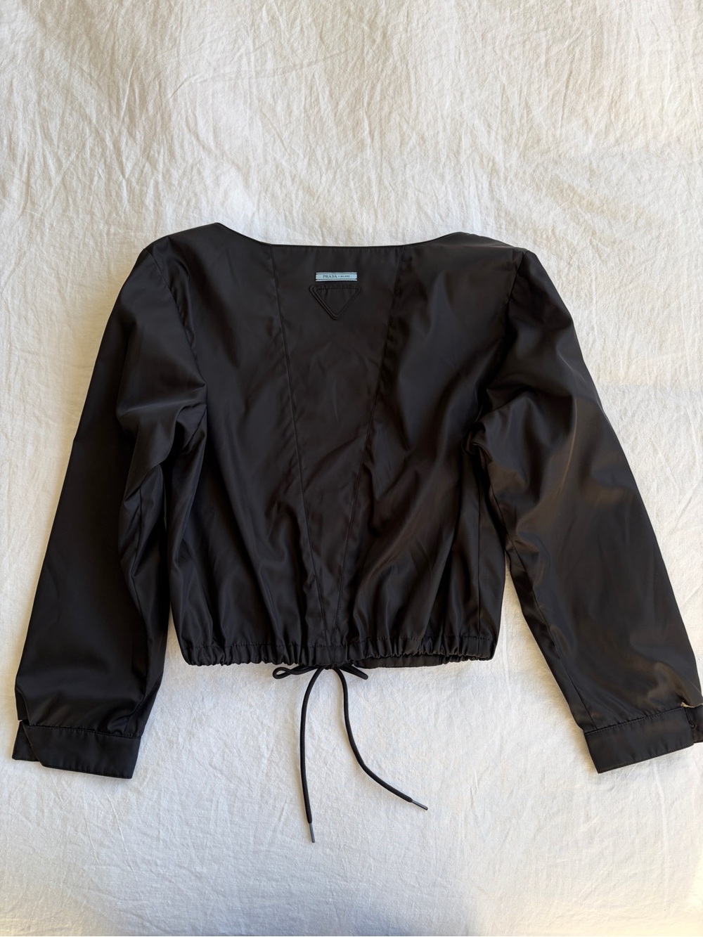 Prada Nylon Triangle Cropped Drawstring Zipper Pocket Bomber Jacket Coat Black - Picture 5 of 9